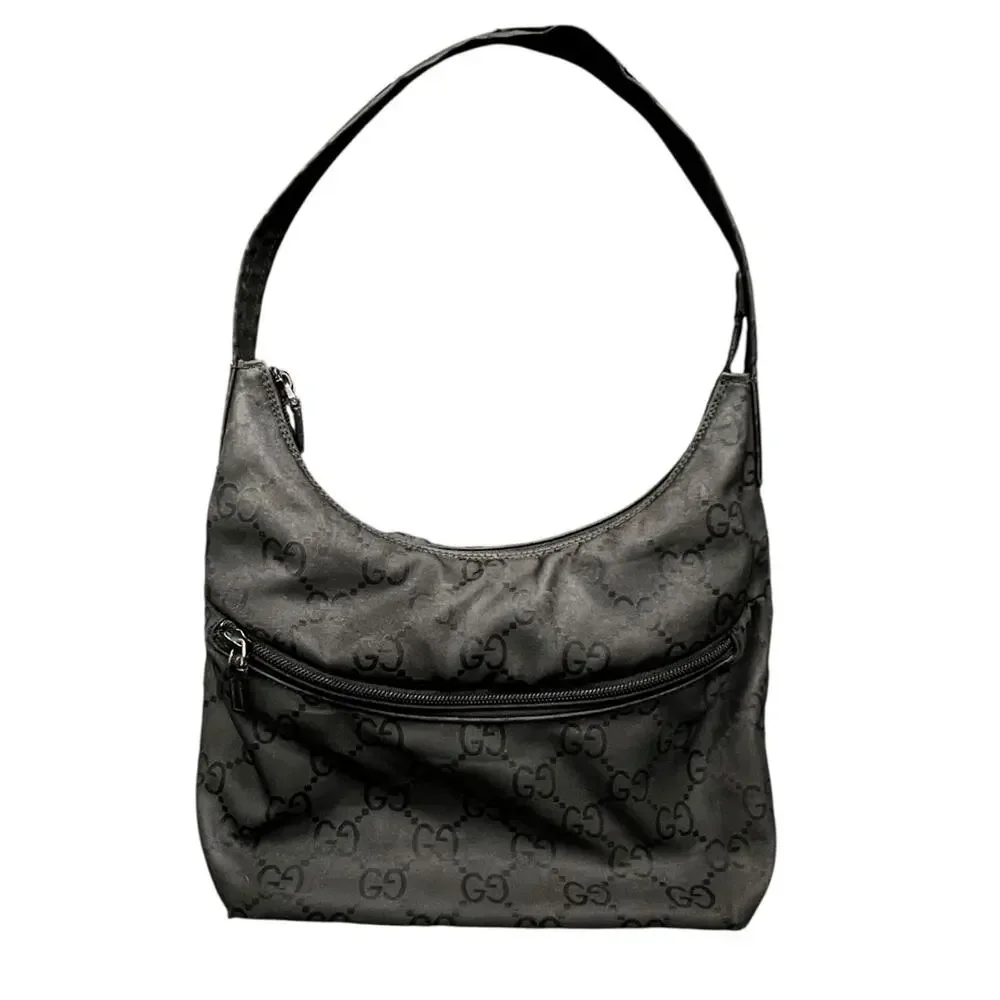 Gucci Black GG Logo Front Pocket Nylon Hobo Shoulder Bag Vintage Luxury Purse